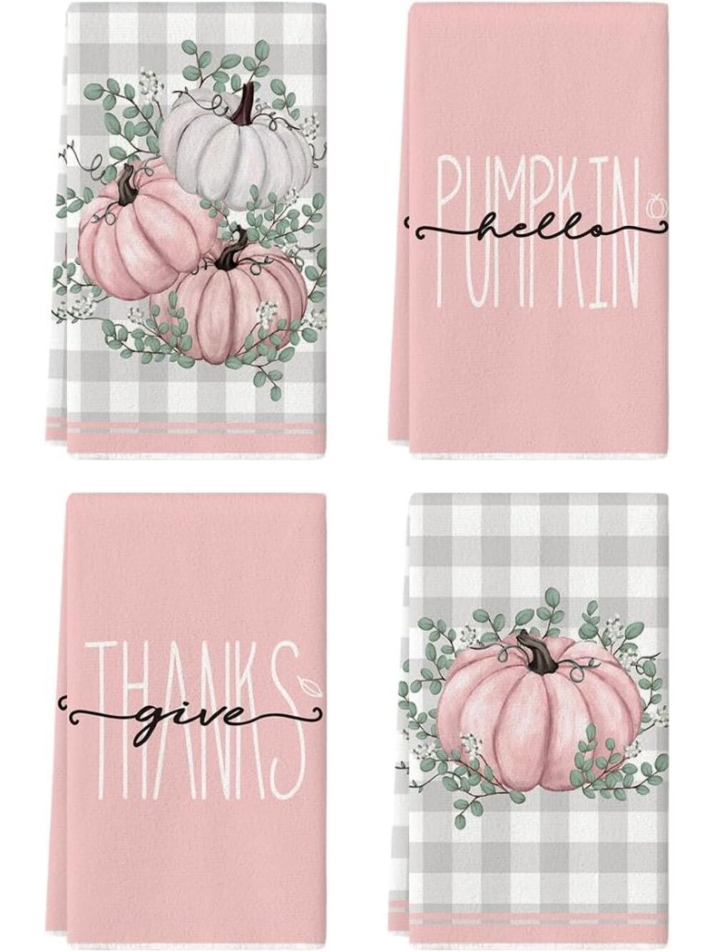 Pink Pumpkin Leaves Fall Kitchen Towels Set of 4 18x26 Inch